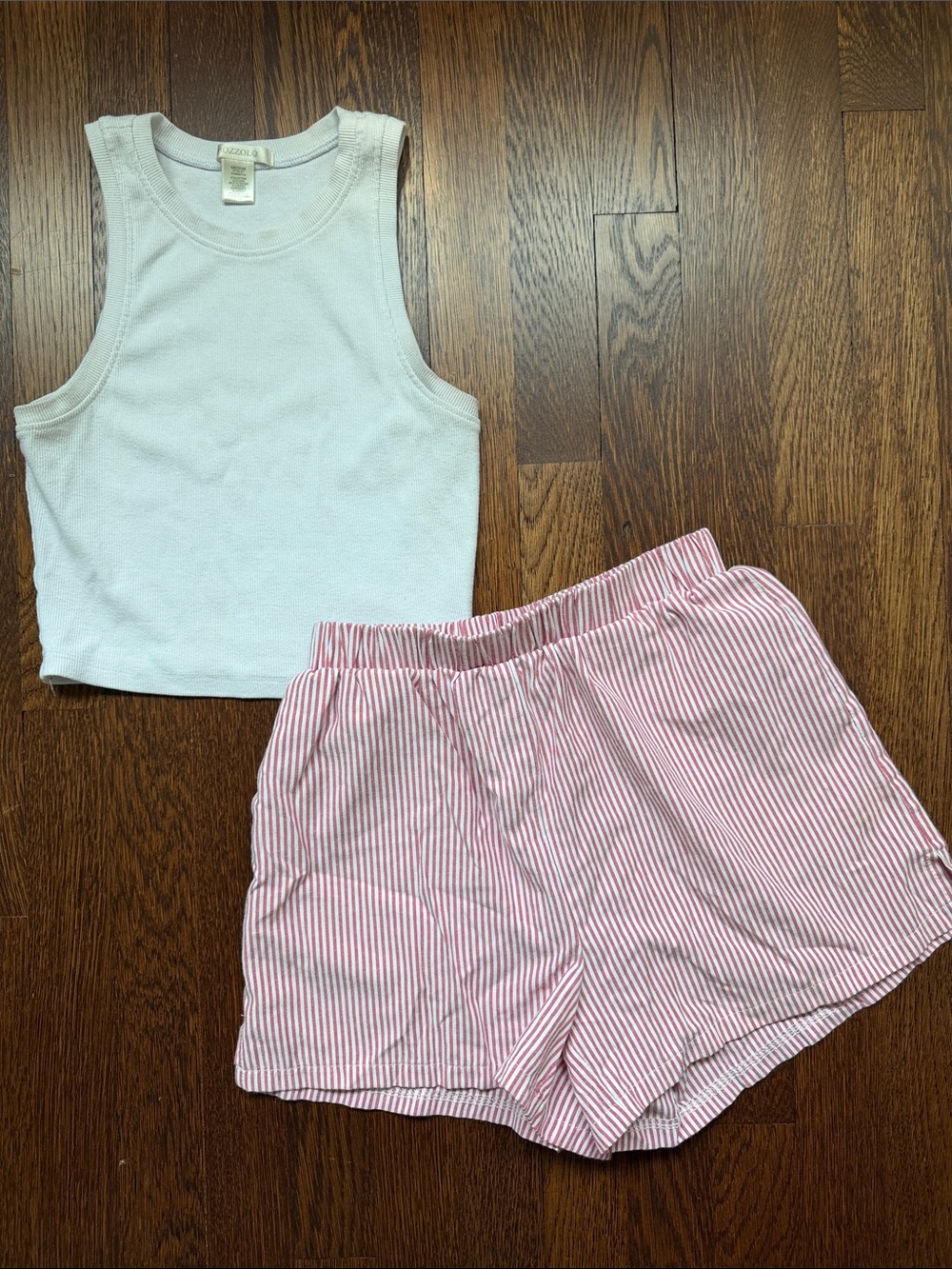 White Ribbed Tank & Pink Stripe Shorts Set